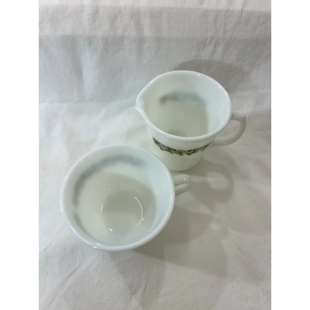 Vintage Pyrex Crazy Daisy Spring Blossom Green Creamer Coffee Cup Set 2 Pc